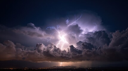 Dramatic lightning storm over dark clouds at night time powerful nature