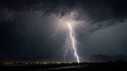 Dramatic lightning strike illuminating stormy night sky landscape