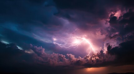 Dramatic lightning strike illuminating dark clouds in a moody atmospheric scene
