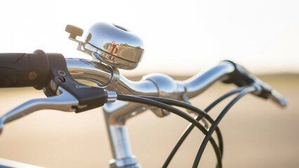 Close-up of bicycle handlebar with bell and brake cables, shallow depth of field, bright sunny background.
