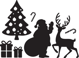 Christmas Silhouette Set, Santa, Reindeer, Cane ,Gifts, Christmas Tree