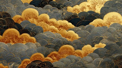 Abstract clouds illustration with gold and dark gray swirls artistic background