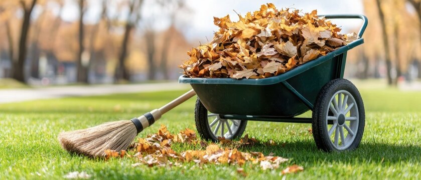 A wheelbarrow filled with vibrant autumn leaves sits in a peaceful park, while a broom leans against it on a sunny day