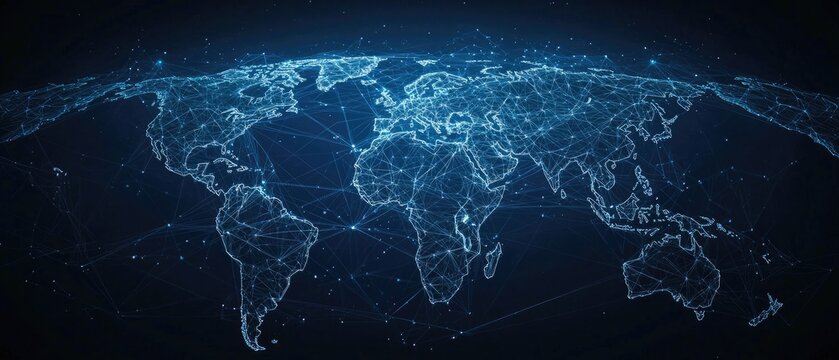 A colorful display of digital networks connecting different regions, illustrating the flow of information and technology across the globe - Powered by Adobe
