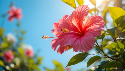 A vibrant close up showcases the delicate beauty of pink hibiscus flowers against a clear bright blue sky