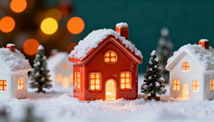 Ceramic winter village houses with snow and warm lights