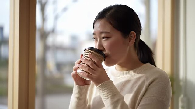 Woman drinking coffee.