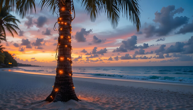 a vibrant tropical beach scene features a palm tree adorned with twinkling lights at sunset evoking a peaceful mood - Powered by Adobe