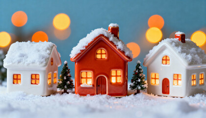 Ceramic winter village houses with snow and warm lights