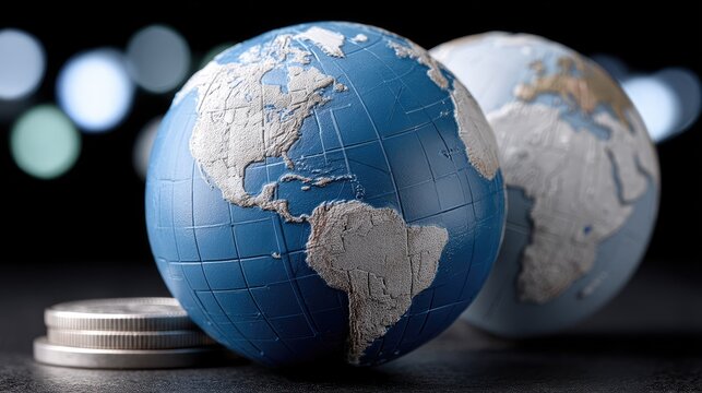A metallic globe is placed beside shining coins, representing themes of global finance, wealth, and economic growth in a stylish setting