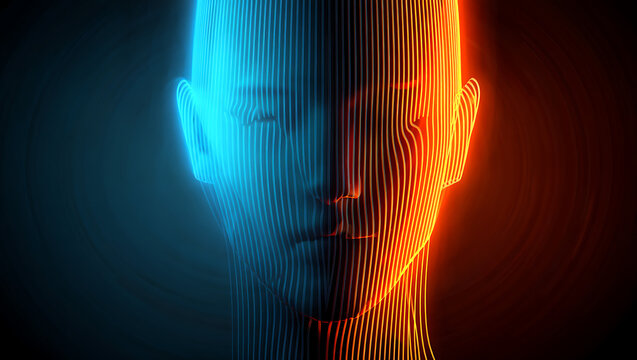 Abstract digital human head with blue and red lights, technology concept