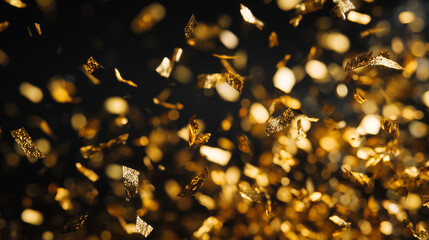 Goldenes Konfetti fällt vor schwarzem Hintergrund