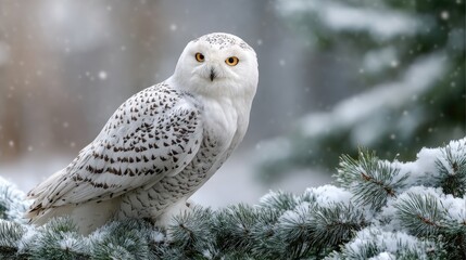 Naklejka premium A snowy owl sits on a branch, overlooking a tranquil winter scene filled with snow and green pine trees
