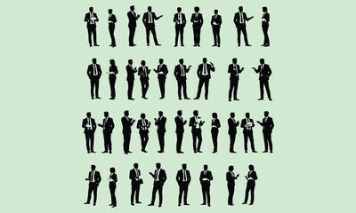 Business people silhouettes collection, corporate professionals interacting, office workers communication poses, executive team discussion figures, teamwork illustration set