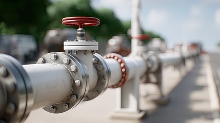 A large pipeline runs along a sturdy structure with vibrant greenery and hills in the background, showcasing industry and nature