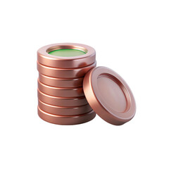 Copper coin stack with single coin leaning on side in metallic brown tones, glossy surface, soft shadow, savings and investment symbol, isolated, no background