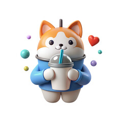 Cute 3D cat mascot holding milk tea cup with straw, orange white kitty and blue glossy plastic style, soft shadow, beverage and cafe symbol, isolated, no background