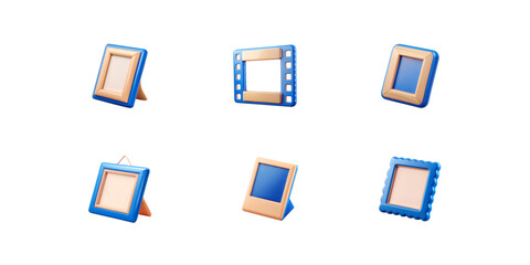 Blue Photo Frame Icon Set. 3D blue photo and video frames with beige inner borders in multiple shapes, glossy plastic texture, media gallery UI elements, modern app interface style, isolated, no backg