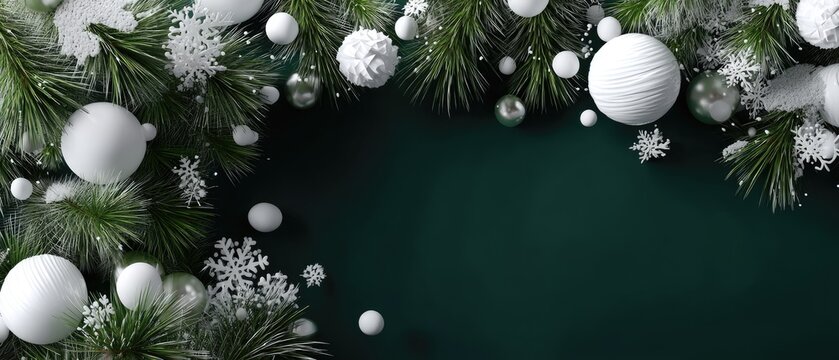 A serene arrangement features snowflakes and branches paired with evergreen sprigs against a smooth green backdrop - Powered by Adobe