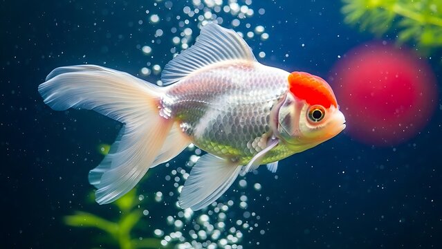Oranda goldfish with red cap swimming in aquarium