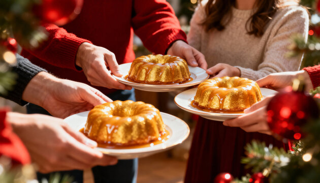 A group of people sharing individual golden bundt cakes with caramel sauce. Festive Christmas dessert for a family holiday gathering
