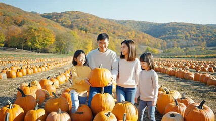 Happy Asian Family Picking Pumpkins at a Pumpkin Patch in Autumn, Fall Season, Smiling, Seasonal Activities - Powered by Adobe