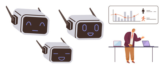 Robotic faces showcasing emotions and data analysis presentation with human professional at a desk. Ideal for AI, data interpretation, robotics, emotion detection, teamwork, education, and future