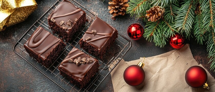 Rich chocolate cake squares cool on a wire rack next to fresh pine branches, perfect for festive gatherings or cozy moments