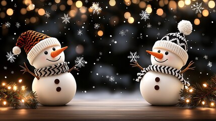 Two friendly snowmen create a joyful scene, wearing colorful hats and scarves while snowflakes gently fall around them