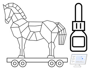 Geometric Trojan horse on wheels representing deception, magnifying glass signifying analysis, and computer screen with security-related content. Ideal for cybersecurity, malware, online threats