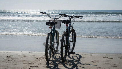 Two bicycles parked side-by-side on beach sand, ocean waves in background, bright clear sky, no people.