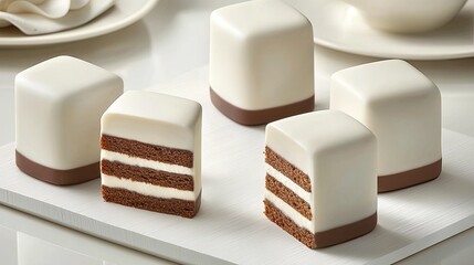 Delicious chocolate cake squares layered with cream, presented on a wooden surface with a fork and cup nearby, creating a cozy scene