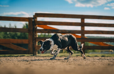 Black White Border Collie Herding Outdoors. A black and white Border Collie demonstrates herding...