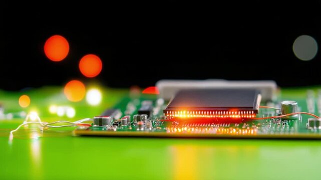 Technological Tapestry: A close-up shot revealing the intricate circuitry of a computer component, showcasing the vibrant fusion of technology and innovation.