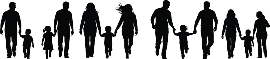 Title: Silhouette of large happy families walking holding hands, representing unity, childhood, parents, l