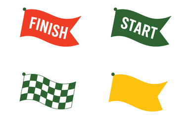 Red finish flag, green start flag, checkered flag, and a blank yellow flag are displayed in a four-quadrant arrangement on a white background.