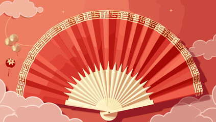 Red bordered fan with golden pattern traditional paper fan lunar new year