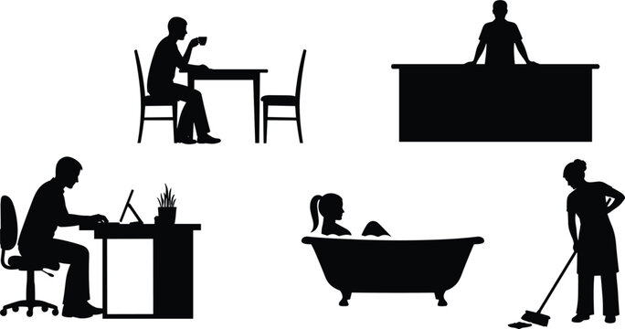 Adult daily life activities silhouette collection, including office work, dining, relaxing in a bath, reception desk attendance, and house cleaning chores, illustrating a balanced lifestyle.