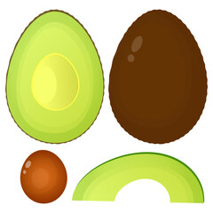 Set of green avocados: whole, cut and sliced