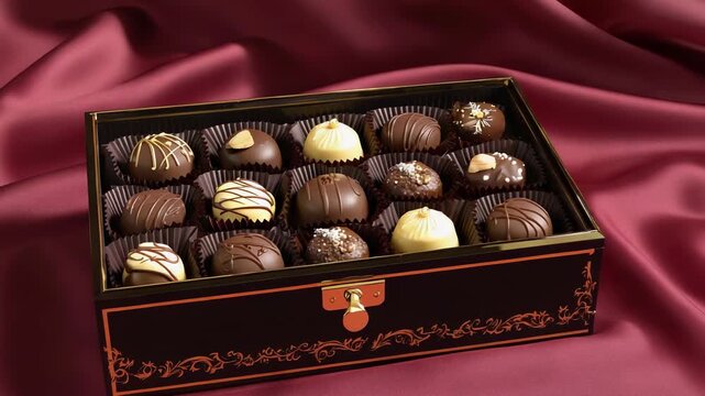 Exquisite Chocolate Truffles in a Decorative Box, Perfect for Gift Giving and Indulgent Treats on a Silk Background