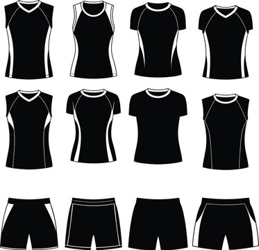Set of black and white men's and women's volleyball uniforms and apparel