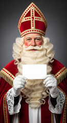 Sinterklaas, Dutch Saint Nicholas dressed in bishops red robe and decorative hat, pointing at blank white papier, placard. Celebration concept for children european party day five december.