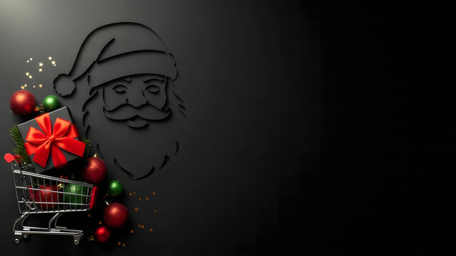 Black Friday Christmas Sale background with Santa and shopping cart