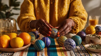 Vibrant easter egg decoration with citrus fruits on colorful table