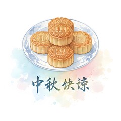 Watercolor painting of four mooncakes on a plate, the mooncakes are arranged in a square formation. Chinese characters and symbols