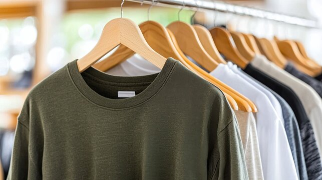 Many shirts are displayed on wooden hangers in a clothing store, showcasing different colors and patterns in a tidy arrangement