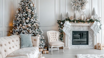 Naklejka premium A beautiful holiday setting shows a festive tree adorned with ornaments next to a cozy fireplace radiating warmth and cheer