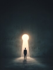 Obraz premium back view of businessman standing in abstract key opening in wall with bright light and mock up place solution and decision concept no logos no brands ar 34