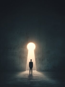 back view of businessman standing in abstract key opening in wall with bright light and mock up place solution and decision concept no logos no brands ar 34