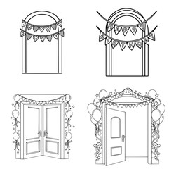 Party Doorway Arch with Bunting Flags and Balloons Line Art Illustration